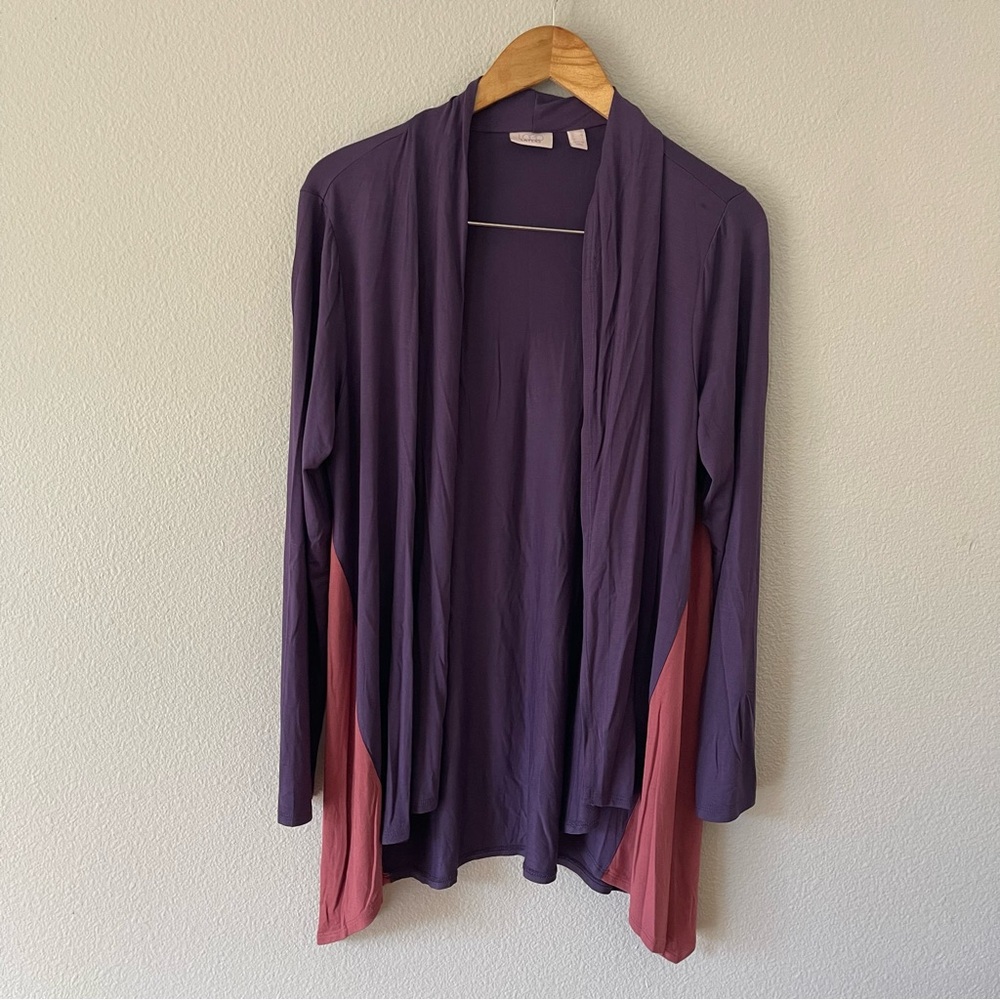 LOGO Layers Size M Color Block Purple Pink Open Cardigan Stretch Jersey Knit